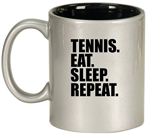 Ceramic Coffee Tea Mug Cup Tennis Eat Sleep Repeat (Silver)