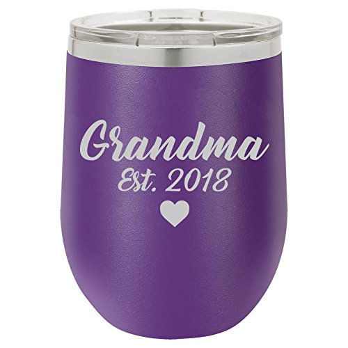 12 oz Double Wall Vacuum Insulated Stainless Steel Stemless Wine Tumbler Glass Coffee Travel Mug With Lid Grandma Est 2018 Grandmother (Purple)