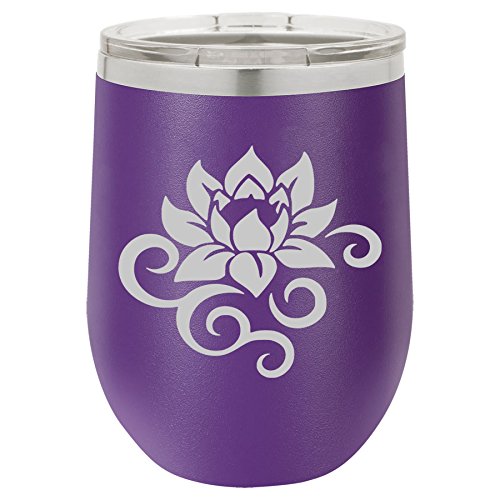 12 oz Double Wall Vacuum Insulated Stainless Steel Stemless Wine Tumbler Glass Coffee Travel Mug With Lid Lotus Flower Scroll (Purple)