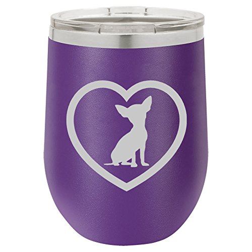 12 oz Double Wall Vacuum Insulated Stainless Steel Stemless Wine Tumbler Glass Coffee Travel Mug With Lid Chihuahua Heart (Purple)