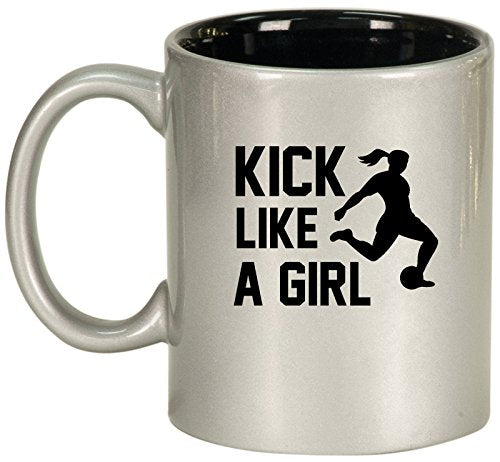 Ceramic Coffee Tea Mug Cup Kick Like A Girl Soccer (Silver)