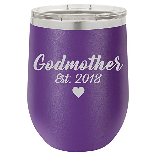 12 oz Double Wall Vacuum Insulated Stainless Steel Stemless Wine Tumbler Glass Coffee Travel Mug With Lid Godmother Est 2018 Christening Baptism (Purple)