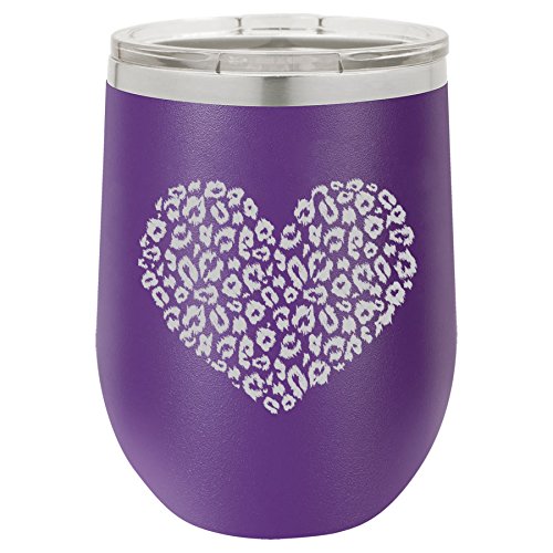 12 oz Double Wall Vacuum Insulated Stainless Steel Stemless Wine Tumbler Glass Coffee Travel Mug With Lid Leopard Print Love Heart (Purple)