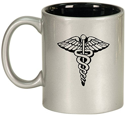 Ceramic Coffee Tea Mug Cup Medical Symbol Caduceus (Silver)