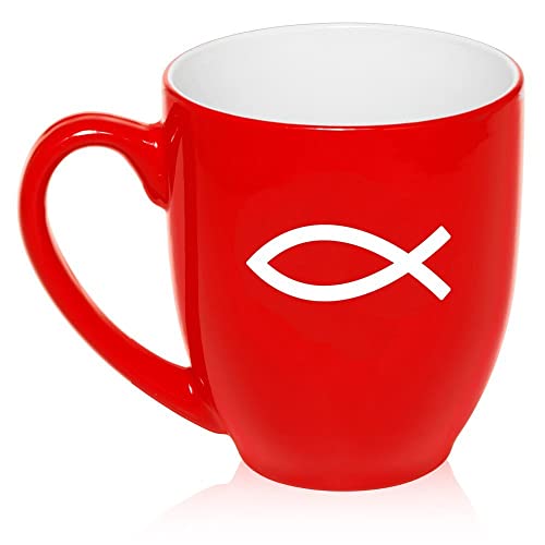 16 oz Large Bistro Mug Ceramic Coffee Tea Glass Cup Christian Fish Symbol (Red),MIP