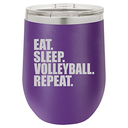 12 oz Double Wall Vacuum Insulated Stainless Steel Stemless Wine Tumbler Glass Coffee Travel Mug With Lid Eat Sleep Volleyball Repeat (Purple)