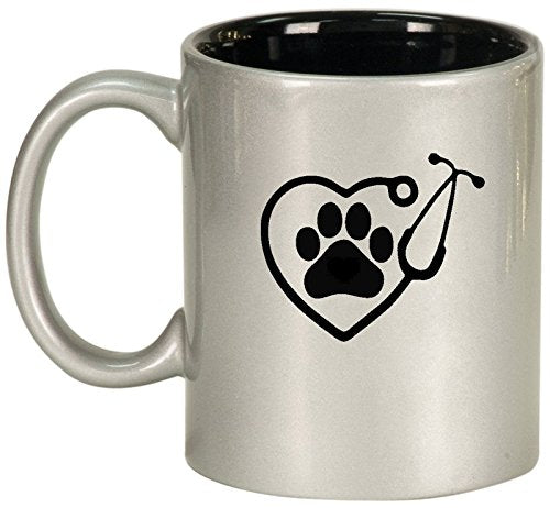 Ceramic Coffee Tea Mug Cup Heart Stethoscope Vet Tech Veterinarian (Silver)