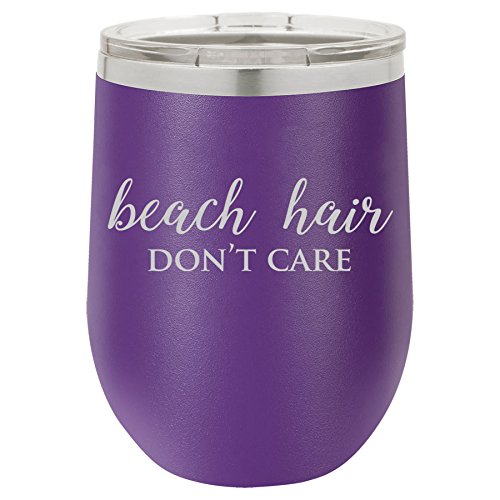 12 oz Double Wall Vacuum Insulated Stainless Steel Stemless Wine Tumbler Glass Coffee Travel Mug With Lid Beach Hair Don't Care (Purple)