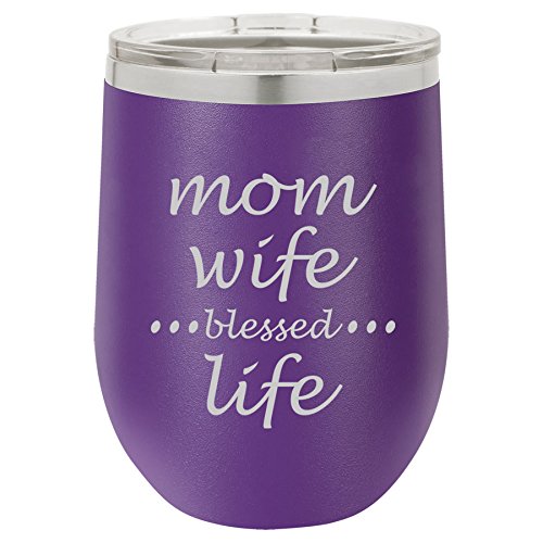 12 oz Double Wall Vacuum Insulated Stainless Steel Stemless Wine Tumbler Glass Coffee Travel Mug With Lid Mom Wife Blessed Life Mother (Purple)