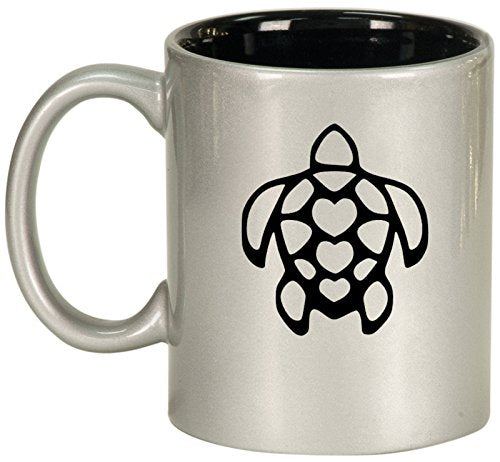 Ceramic Coffee Tea Mug Cup Turtle Hearts (Silver)