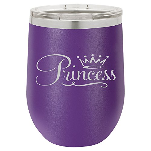 12 oz Double Wall Vacuum Insulated Stainless Steel Stemless Wine Tumbler Glass Coffee Travel Mug With Lid Princess Fancy (Purple)