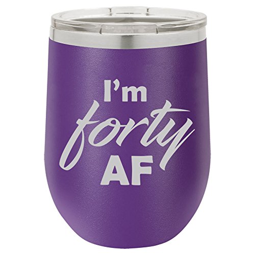 12 oz Double Wall Vacuum Insulated Stainless Steel Stemless Wine Tumbler Glass Coffee Travel Mug With Lid I'm Forty AF Funny 40th Birthday (Purple)