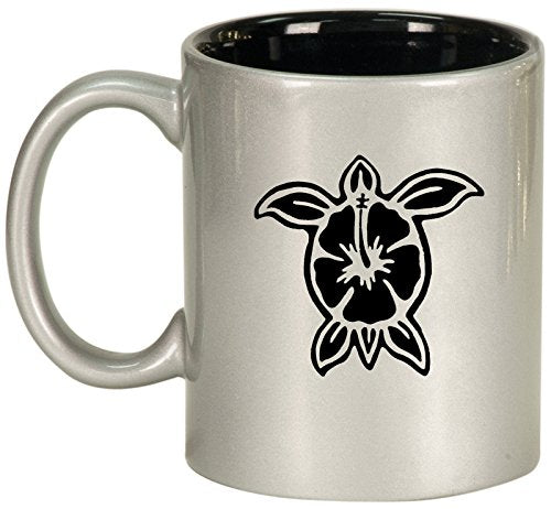 Ceramic Coffee Tea Mug Cup Hibiscus Turtle (Silver)