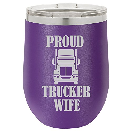 12 oz Double Wall Vacuum Insulated Stainless Steel Stemless Wine Tumbler Glass Coffee Travel Mug With Lid Proud Trucker Wife (Purple)