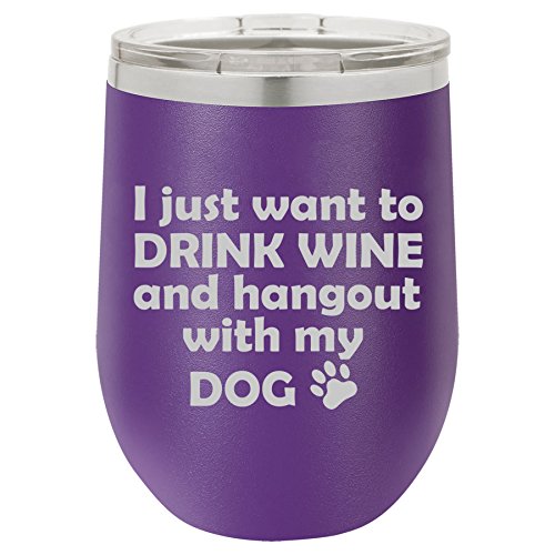 12 oz Double Wall Vacuum Insulated Stainless Steel Stemless Wine Tumbler Glass Coffee Travel Mug With Lid Drink Wine And Hang Out With Dog (Purple)