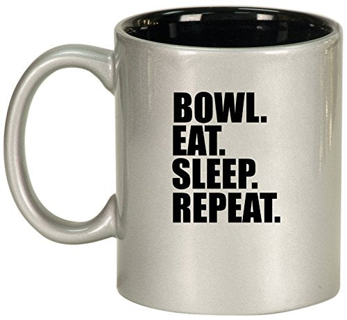 Ceramic Coffee Tea Mug Cup Bowl Eat Sleep Repeat (Silver)