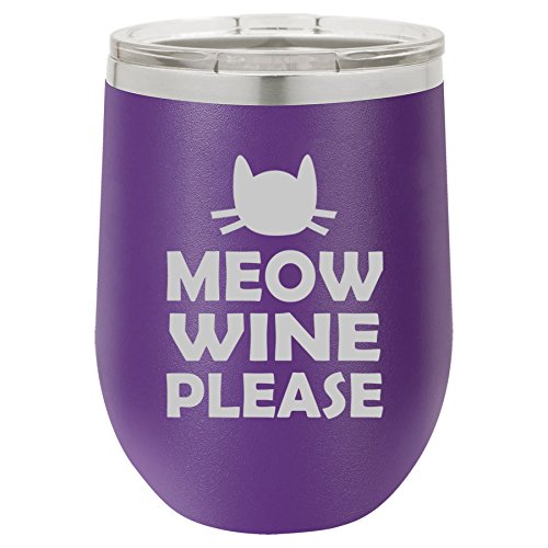 12 oz Double Wall Vacuum Insulated Stainless Steel Stemless Wine Tumbler Glass Coffee Travel Mug With Lid Meow Wine Please More Wine Funny Cat (Purple)