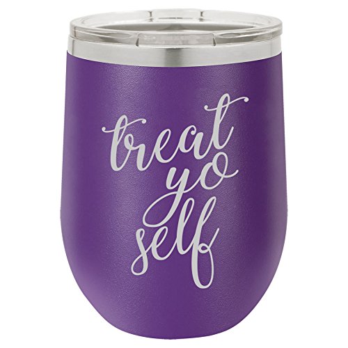 12 oz Double Wall Vacuum Insulated Stainless Steel Stemless Wine Tumbler Glass Coffee Travel Mug With Lid Treat Yo Self (Purple)