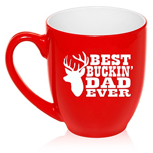 16 oz Large Bistro Mug Ceramic Coffee Tea Glass Cup Best Buckin Dad Ever Father (Red)
