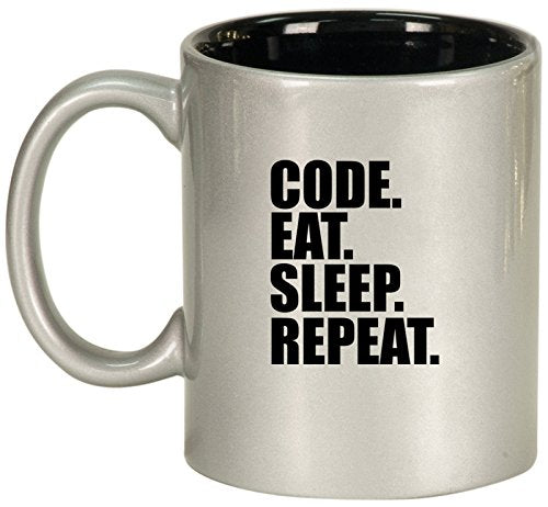 Ceramic Coffee Tea Mug Cup Code Eat Sleep Repeat (Silver)