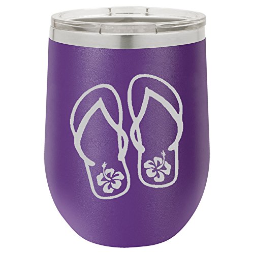 12 oz Double Wall Vacuum Insulated Stainless Steel Stemless Wine Tumbler Glass Coffee Travel Mug With Lid Flip Flops With Hibiscus (Purple)