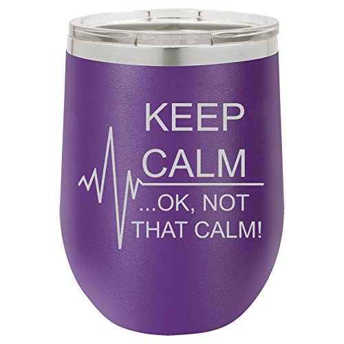 12 oz Double Wall Vacuum Insulated Stainless Steel Stemless Wine Tumbler Glass Coffee Travel Mug With Lid Keep Calm Ok Not That Calm Nurse Paramedic Medical EKG (Purple)