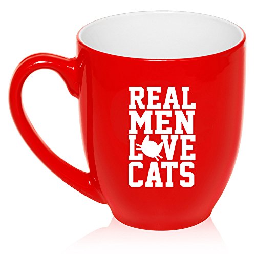 16 oz Large Bistro Mug Ceramic Coffee Tea Glass Cup Real Men Love Cats (Red)