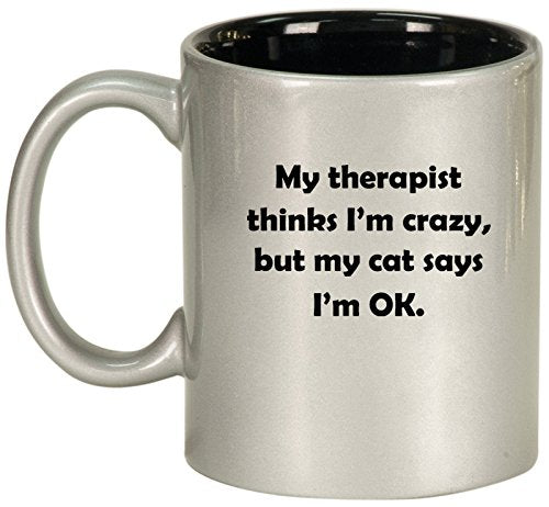 Ceramic Coffee Tea Mug Cup My Cat Therapist (Silver)