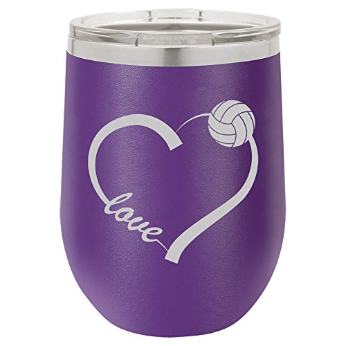 12 oz Double Wall Vacuum Insulated Stainless Steel Stemless Wine Tumbler Glass Coffee Travel Mug With Lid Love Heart Volleyball (Purple)