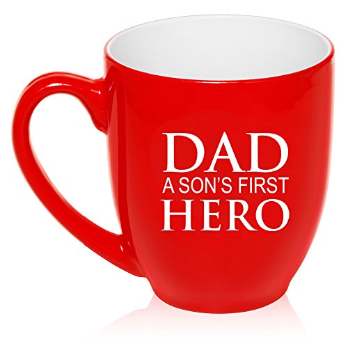 16 oz Large Bistro Mug Ceramic Coffee Tea Glass Cup Dad A Son's First Hero (Red)