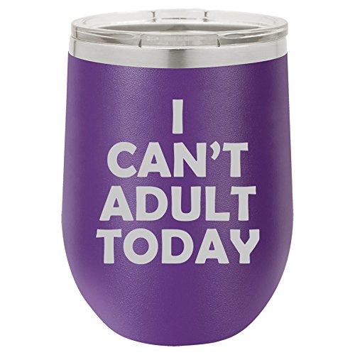 12 oz Double Wall Vacuum Insulated Stainless Steel Stemless Wine Tumbler Glass Coffee Travel Mug With Lid I Can't Adult Today (Purple)