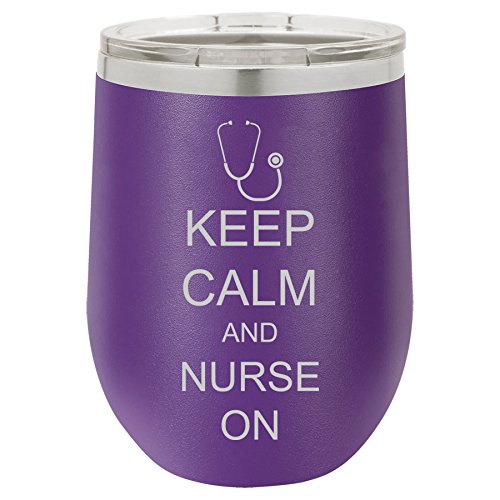 12 oz Double Wall Vacuum Insulated Stainless Steel Stemless Wine Tumbler Glass Coffee Travel Mug With Lid Keep Calm And Nurse On (Purple)