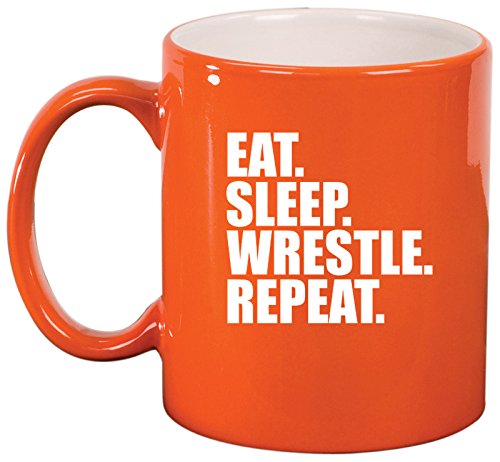 Ceramic Coffee Tea Mug Cup Eat Sleep Wrestle Repeat (Orange)