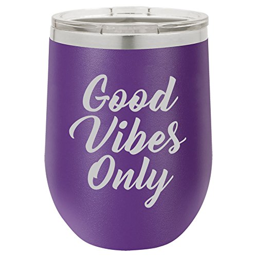 12 oz Double Wall Vacuum Insulated Stainless Steel Stemless Wine Tumbler Glass Coffee Travel Mug With Lid Good Vibes Only (Purple)