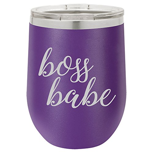 12 oz Double Wall Vacuum Insulated Stainless Steel Stemless Wine Tumbler Glass Coffee Travel Mug With Lid Boss Babe (Purple)