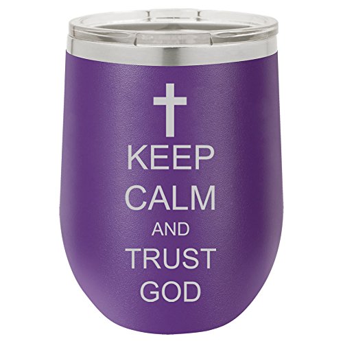 12 oz Double Wall Vacuum Insulated Stainless Steel Stemless Wine Tumbler Glass Coffee Travel Mug With Lid Keep Calm And Trust God Cross (Purple)