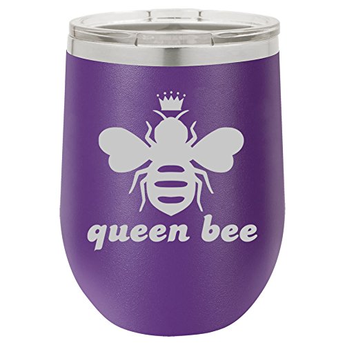 12 oz Double Wall Vacuum Insulated Stainless Steel Stemless Wine Tumbler Glass Coffee Travel Mug With Lid Queen Bee (Purple)