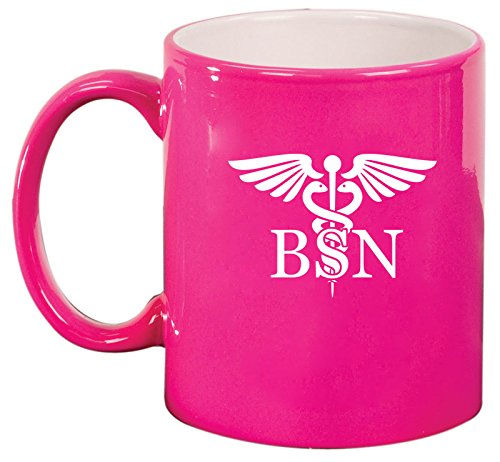 BSN Bachelors of Science Nurse Caduceus Ceramic Coffee Tea Mug Cup (Hot Pink)