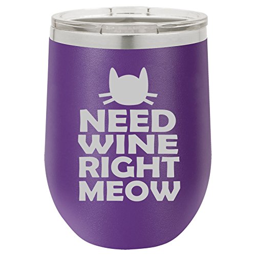 12 oz Double Wall Vacuum Insulated Stainless Steel Stemless Wine Tumbler Glass Coffee Travel Mug With Lid Cat Funny Need Wine Right Meow (Purple)