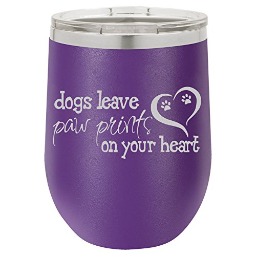 12 oz Double Wall Vacuum Insulated Stainless Steel Stemless Wine Tumbler Glass Coffee Travel Mug With Lid Dogs Leave Paw Prints (Purple)