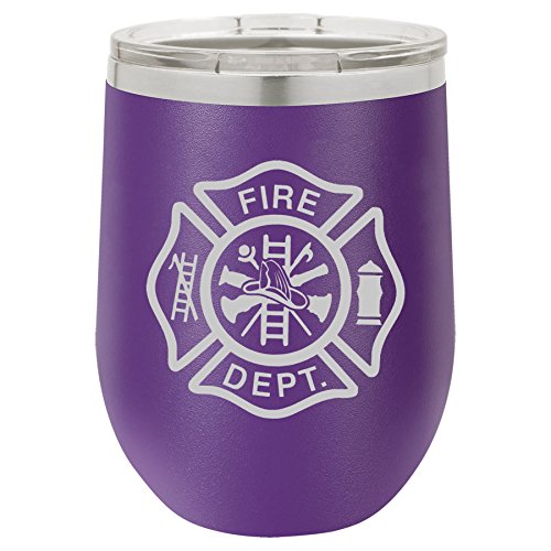 12 oz Double Wall Vacuum Insulated Stainless Steel Stemless Wine Tumbler Glass Coffee Travel Mug With Lid Fire Department Maltese Cross (Purple)