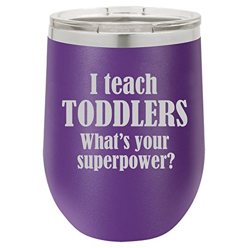 12 oz Double Wall Vacuum Insulated Stainless Steel Stemless Wine Tumbler Glass Coffee Travel Mug With Lid I Teach Toddlers What's Your Superpower Teacher (Purple)