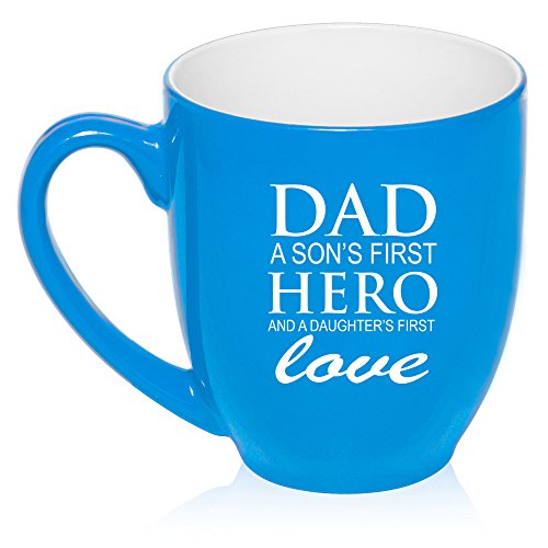 16 oz Large Bistro Mug Ceramic Coffee Tea Glass Cup Dad A Son's First Hero And A Daughter's First Love (Light Blue)
