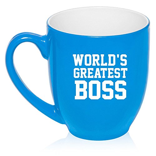 16 oz Large Bistro Mug Ceramic Coffee Tea Glass Cup World's Greatest Boss (Light Blue)