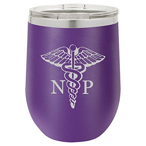 12 oz Double Wall Vacuum Insulated Stainless Steel Stemless Wine Tumbler Glass Coffee Travel Mug With Lid NP Nurse Practitioner Caduceus (Purple)