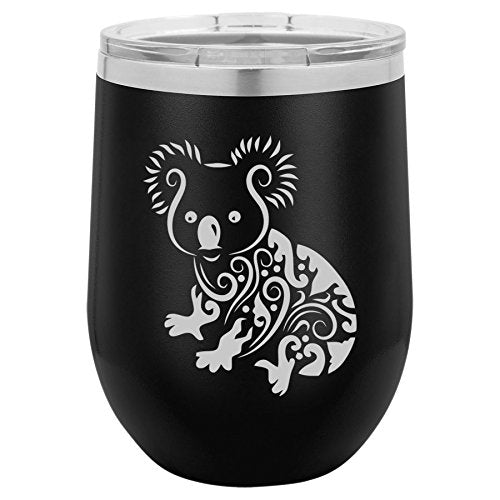 12 oz Double Wall Vacuum Insulated Stainless Steel Stemless Wine Tumbler Glass Coffee Travel Mug With Lid Fancy Koala Bear (Black)