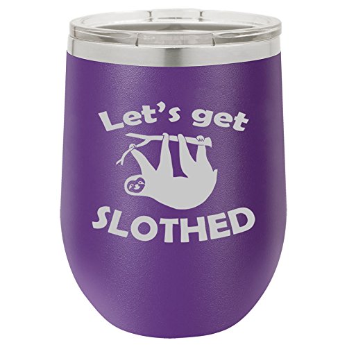 12 oz Double Wall Vacuum Insulated Stainless Steel Stemless Wine Tumbler Glass Coffee Travel Mug With Lid Let's Get Slothed Sloth Funny (Purple)