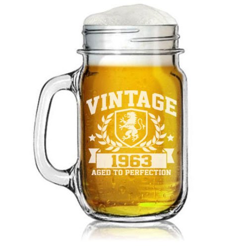 16oz Mason Jar Glass Mug w/ Handle Vintage Aged To Perfection 1963 55th Birthday