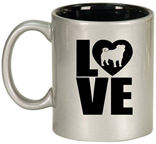 Ceramic Coffee Tea Mug Cup LOVE Pug (Silver)