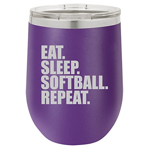 12 oz Double Wall Vacuum Insulated Stainless Steel Stemless Wine Tumbler Glass Coffee Travel Mug With Lid Eat Sleep Softball Repeat (Purple)